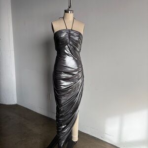 NWOT BCBGMaxAzria Dark Silver Metallic Ruched Halter Gown Sz 4